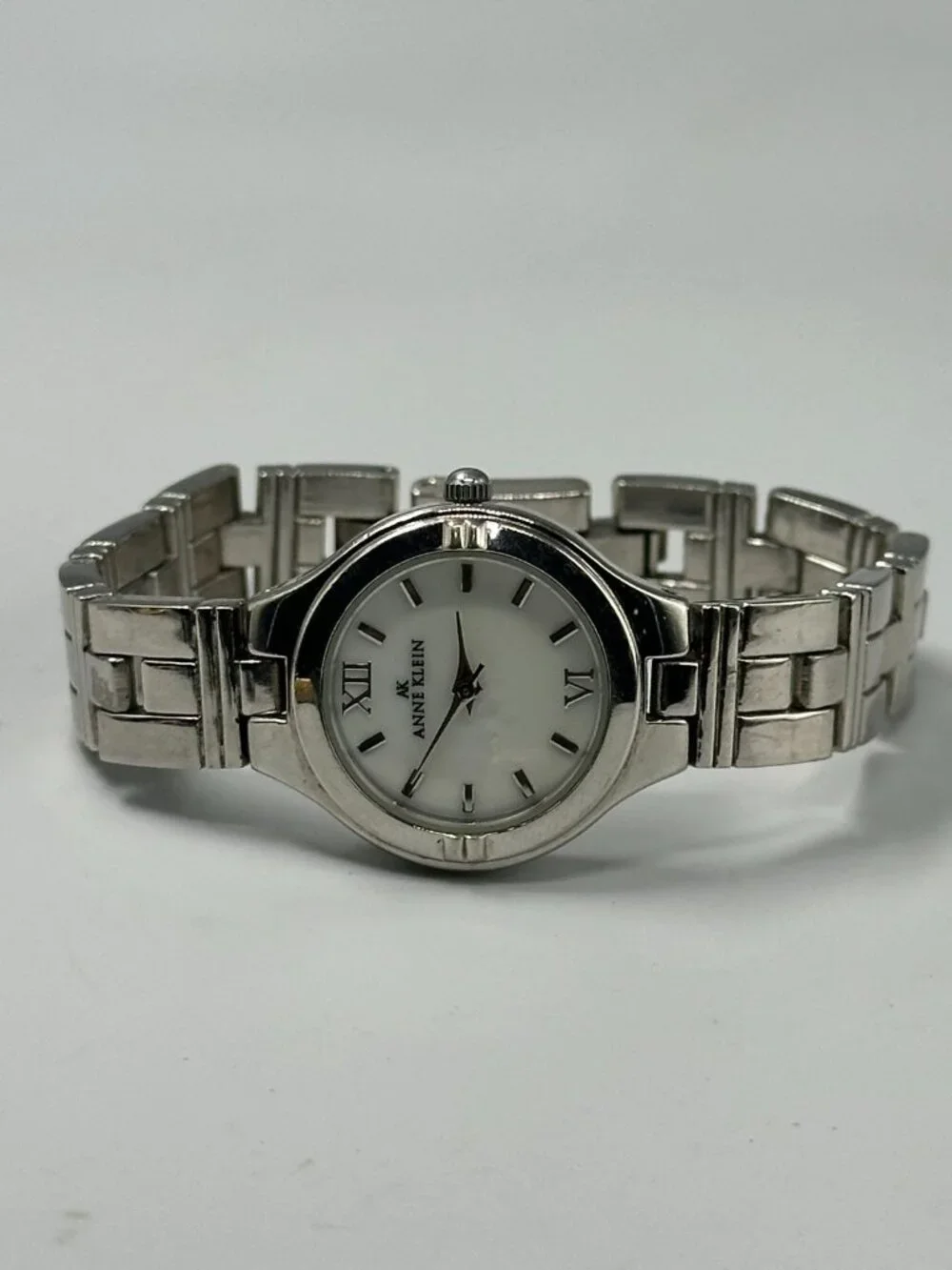 3/$30 Anne Klein Watch Women Silver Tone White Dial 26MM New Battery 6.75